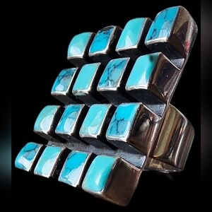 Turquoise Multi-Stone Grid Statement Sterling Silver Ring